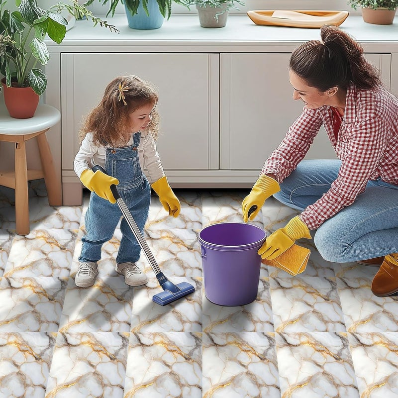 HOMETITUTE 10 قطع بلاط أرضيات ذات مظهر رخام ذهبي 12x12 بوصة قابل للإزالة ذاتي اللصق لحمام المدخل وزينة غرفة التجميل - Image 5